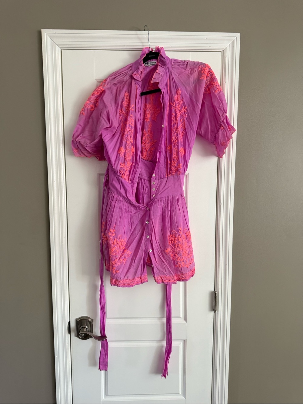 Juliet Dunn Bright Pink One-Piece Romper with Neon Orange Embroidery